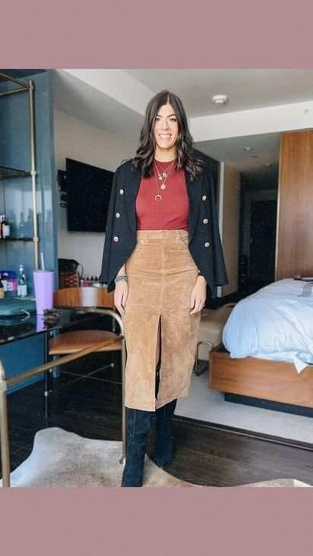 midi skirt fall outfit 2026 + Tan Suede Midi Skirt With Burgundy Knit and Blazer