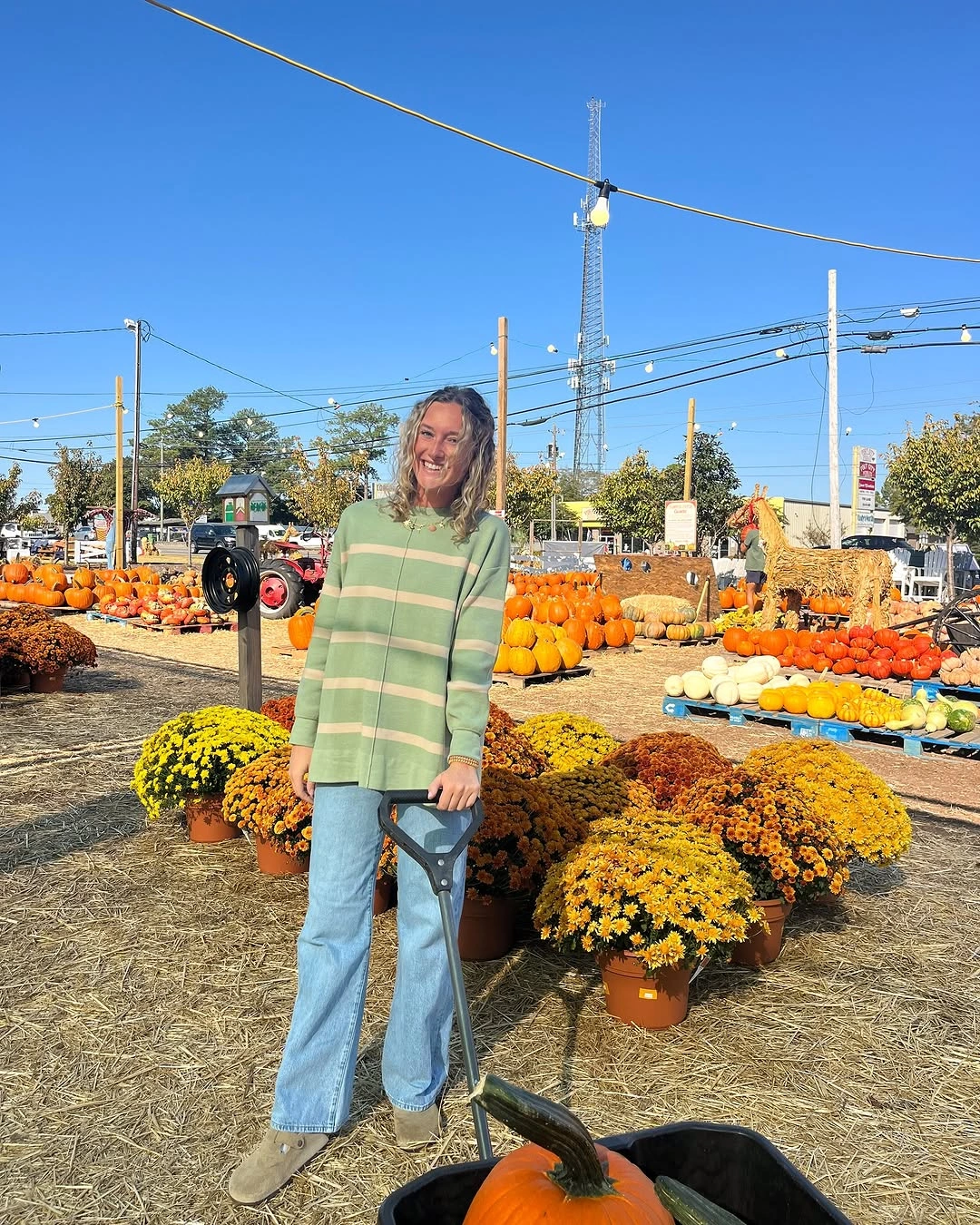 modest fall outfits 2026 + A Green Striped Cardigan for Pumpkin Patch Days