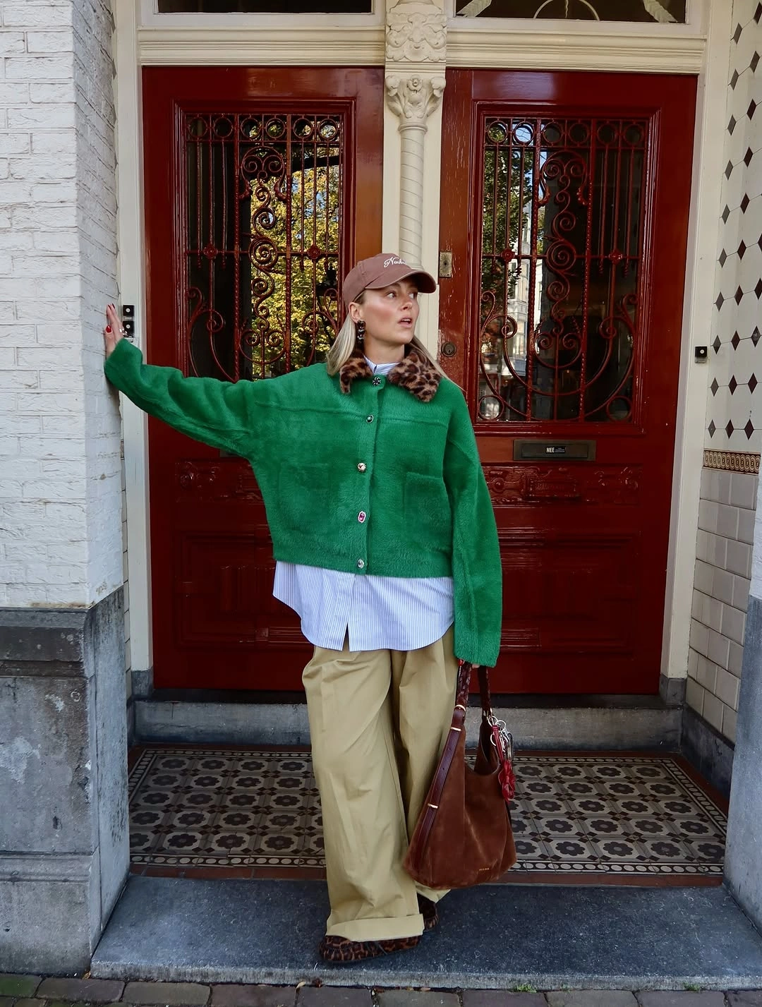 modest fall outfits 2026 + Green Cardigan Layers with Relaxed Khaki Trousers