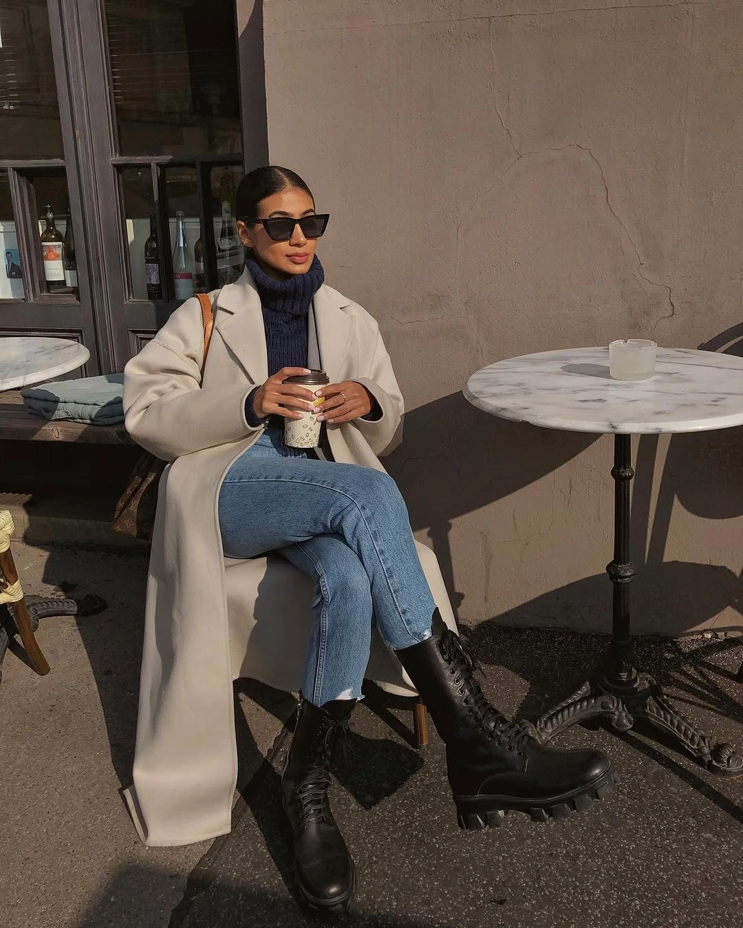 modest fall outfits 2026 + Jeans, Combat Boots, and a Long Cream Coat
