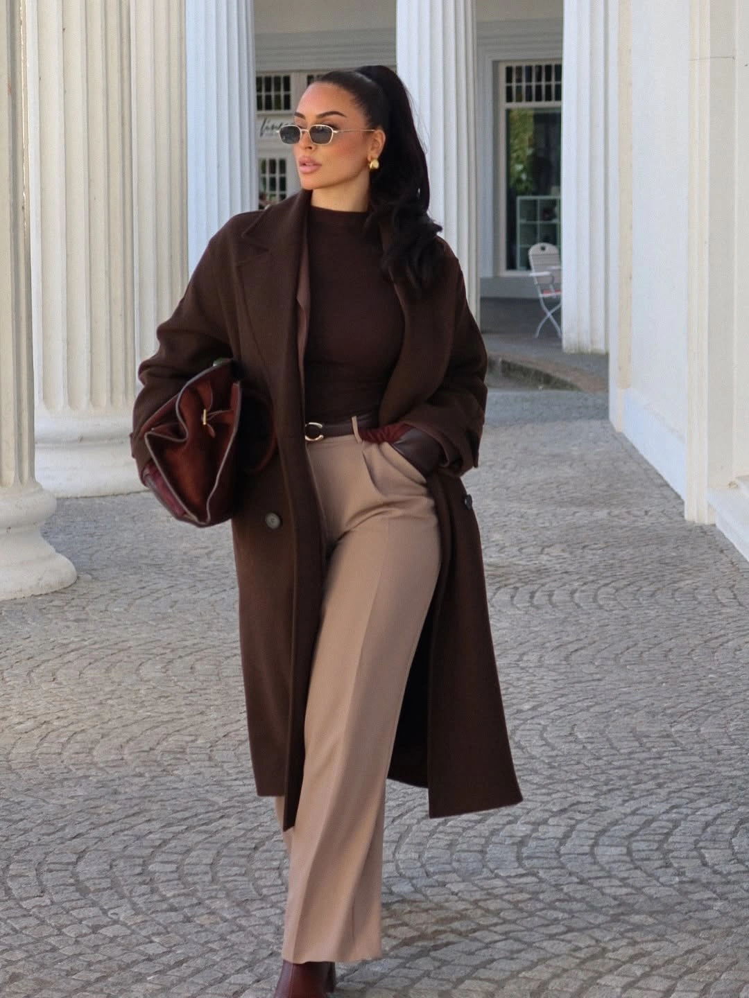 september fashion trends 2026 Chocolate Coat With Tonal Wide Trousers