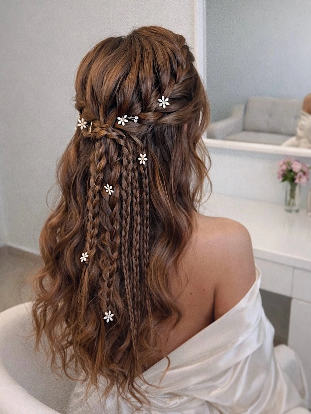 september hairstyles ideas 2026 Wavy Half-Up Braids With Tiny Floral Clips