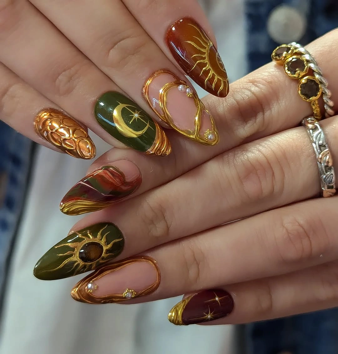 september nail art ideas 2026 Eclectic Olive and Gold Celestial Almond Nails