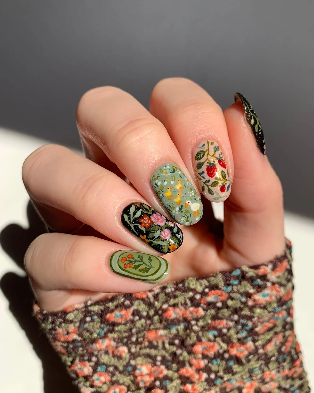 september nail art ideas 2026 Folk Floral Short Nails with Mixed Green Accents