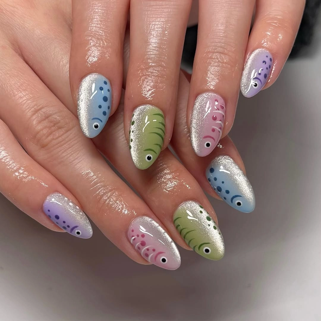 september nail art ideas 2026 Pastel Short Nails with Dots and Botanical Lines