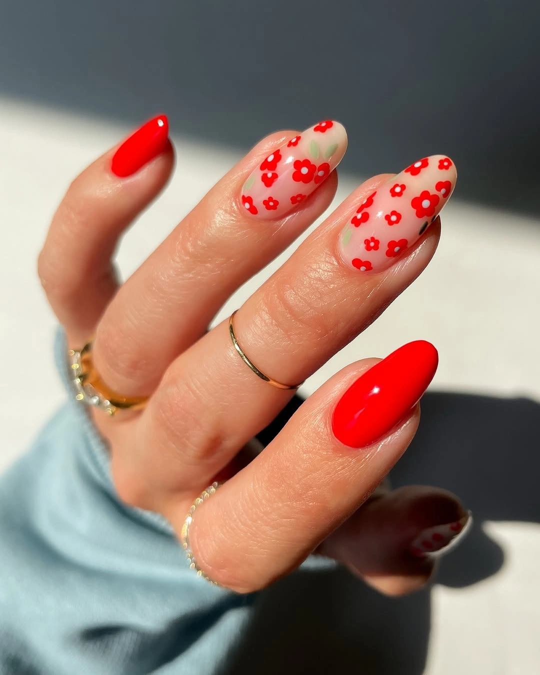 september nail art ideas 2026 Red Nails with Tiny Floral Accent Clusters