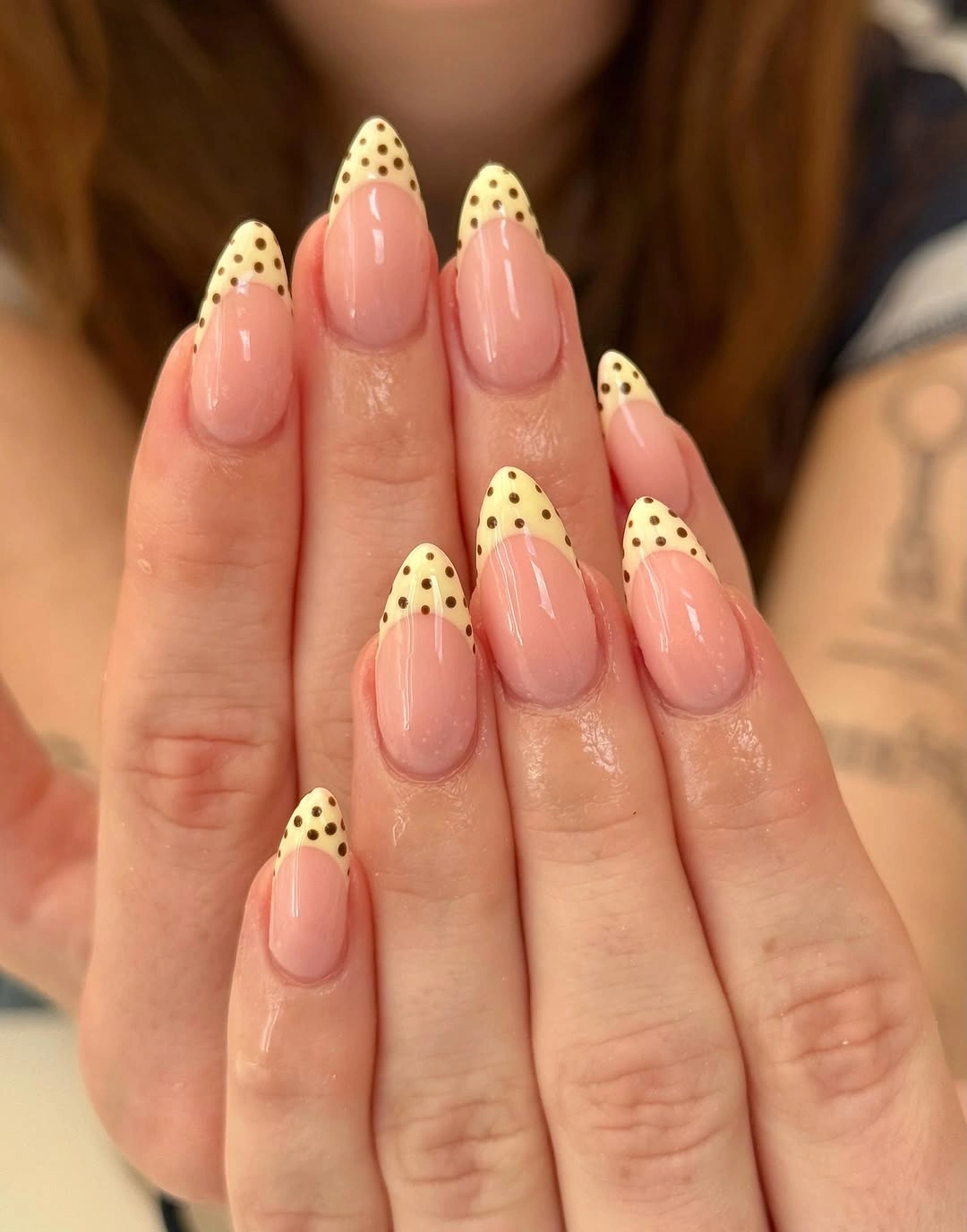 september nail designs 2026 Yellow Polka Dot French Almond Nails