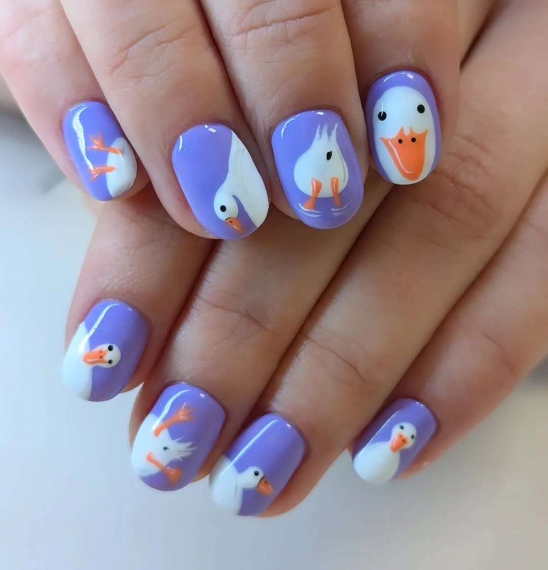 september nail designs 2026 Sky Blue Short Nails with Duck Motifs