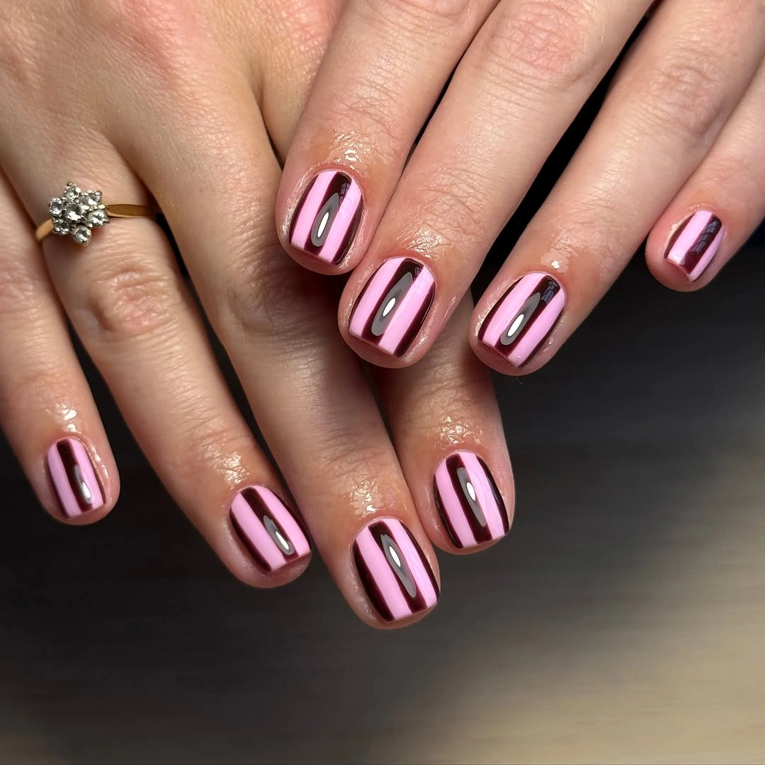 september nail designs 2026 Pink Chrome Stripes on Short Square Nails