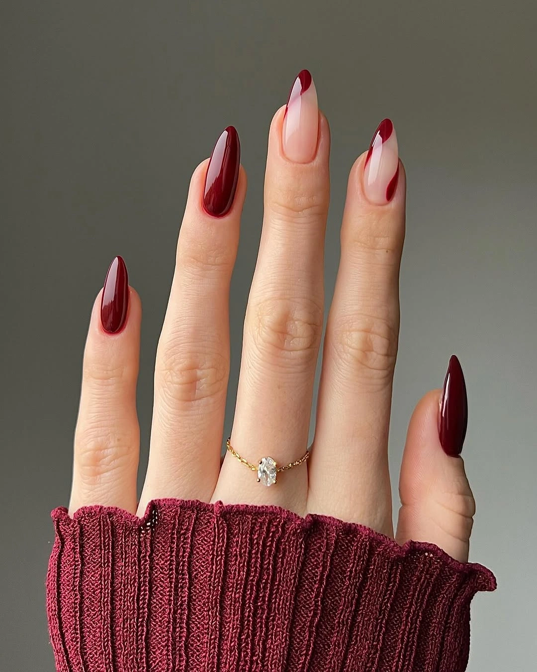 september nail designs 2026 Burgundy French Almond Nails with Nude Centers