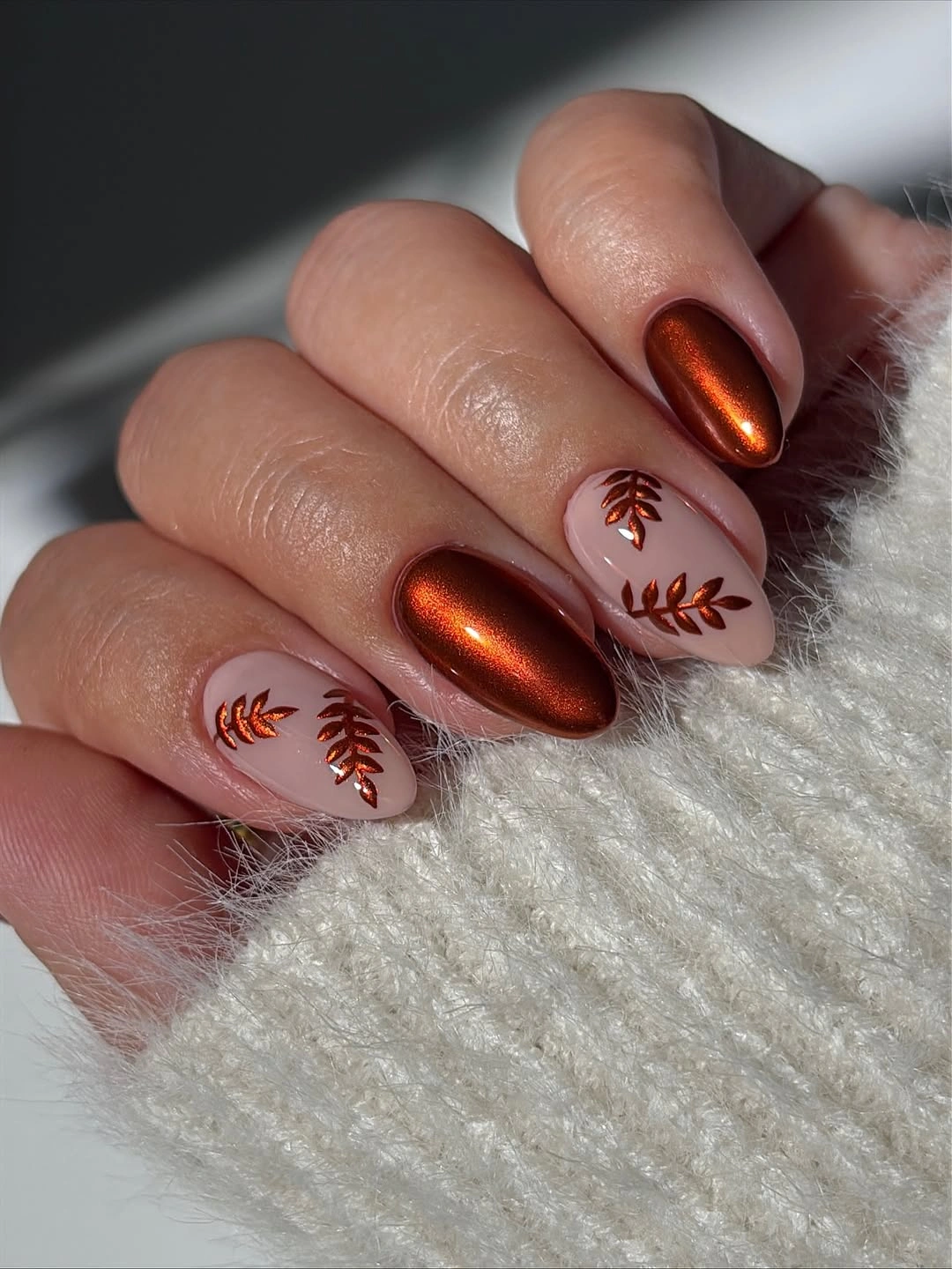 september nail designs 2026 Copper Chrome and Nude Leaf Short Nails