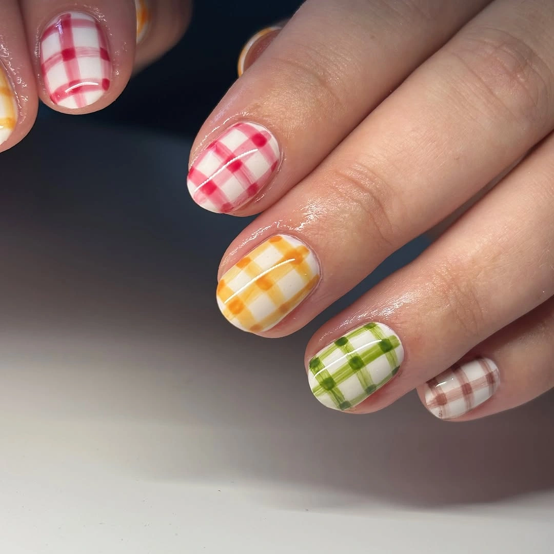 september nail designs 2026 Multicolor Gingham Short Square Nails
