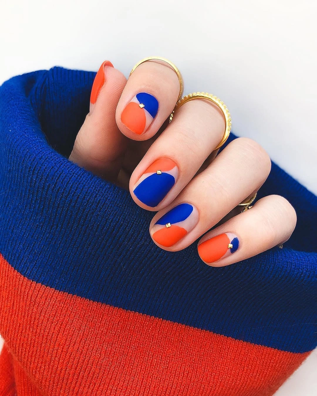 september nails color 2026 Royal Blue and Orange Short Color Blocking