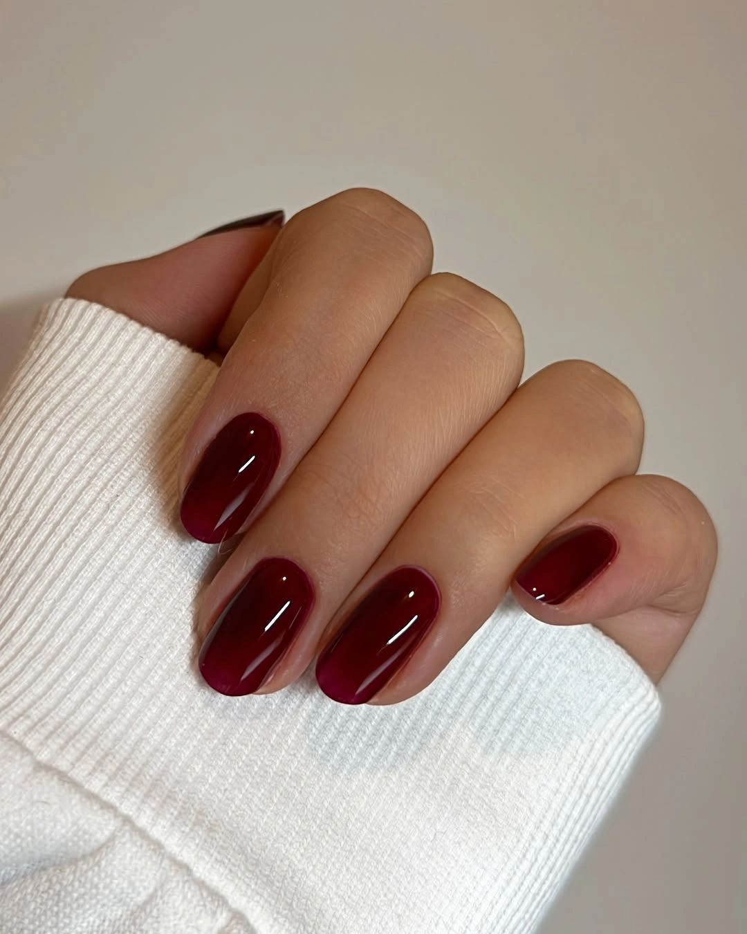 september nails color 2026 Glossy Cherry Wine on Short Ovals