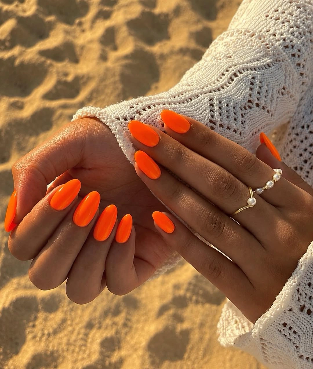 september nails color 2026 Bright Orange Oval Nails at Golden Hour