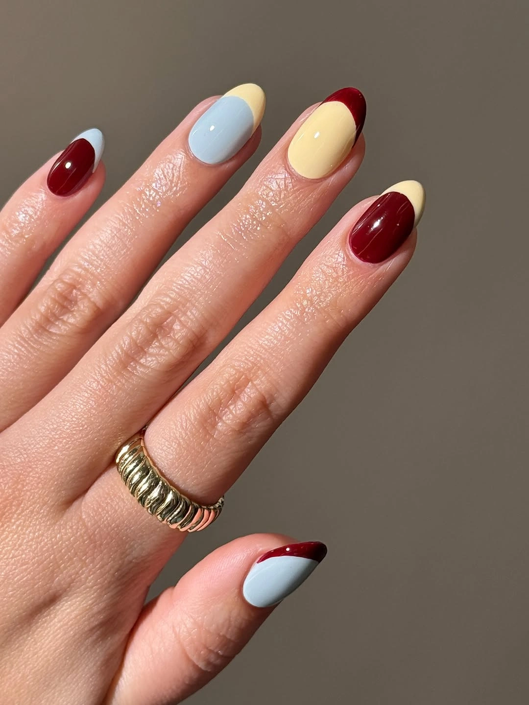 september nails color 2026 Burgundy and Butter Yellow Almond Mix