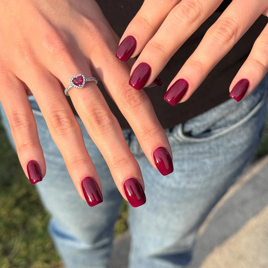 september nails color 2026 Short Burgundy Nails with Outdoor Denim