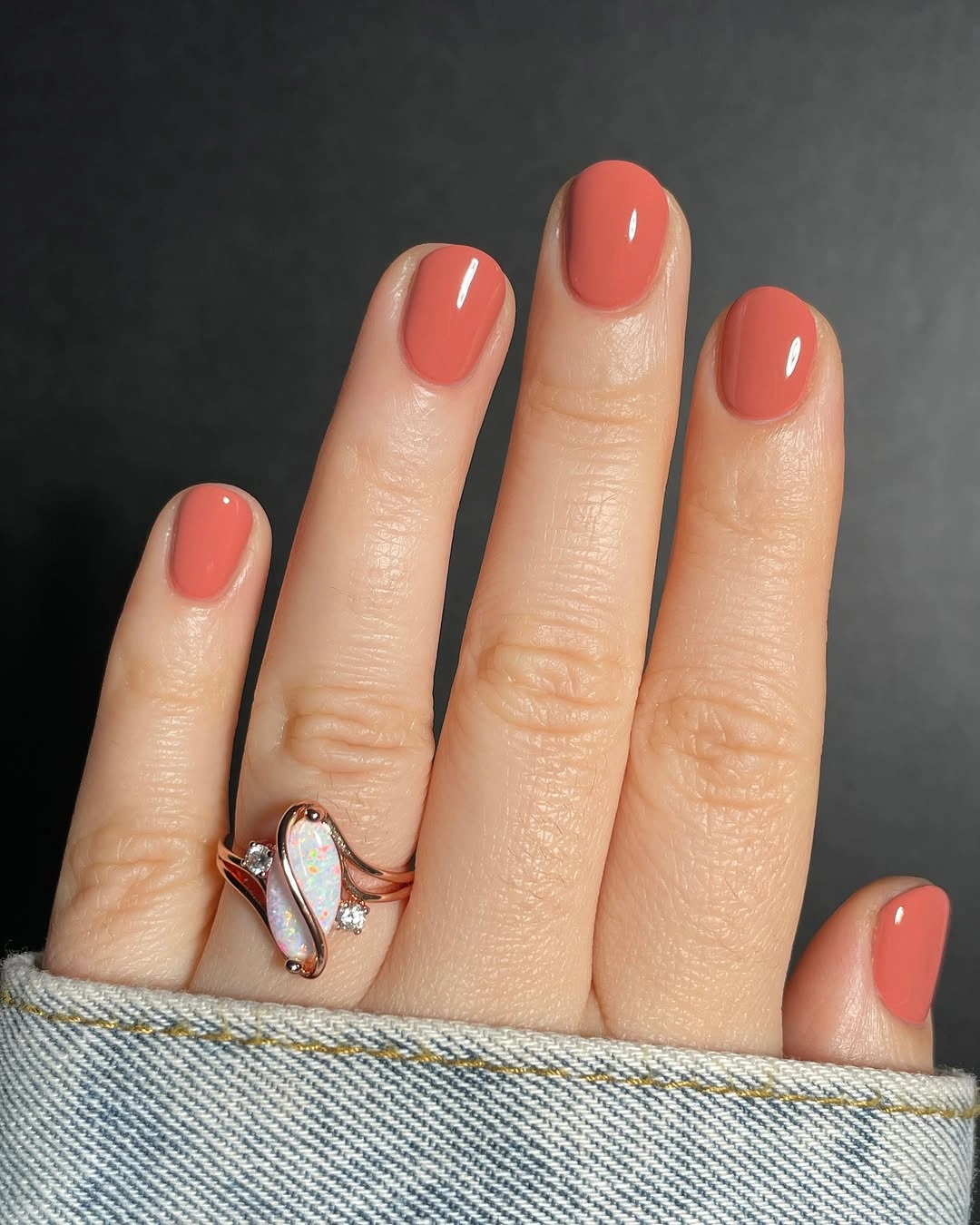 september nails color 2026 Soft Coral Short Nails with Clean Rounded Tips
