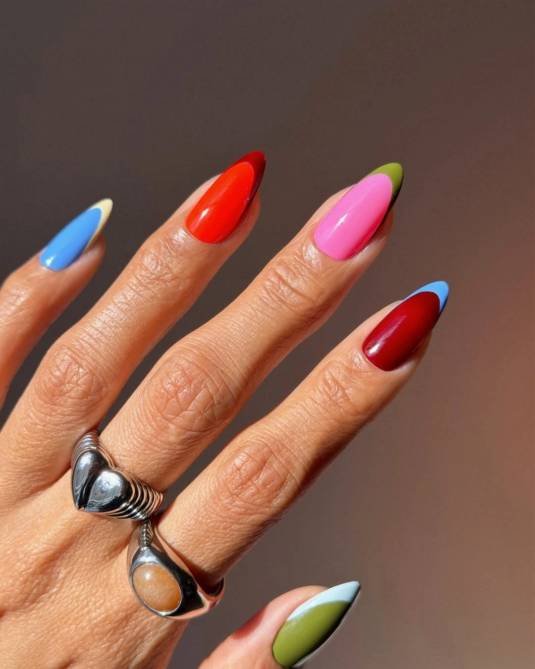 september nails color 2026 Rainbow Almond Nails with Autumn Red