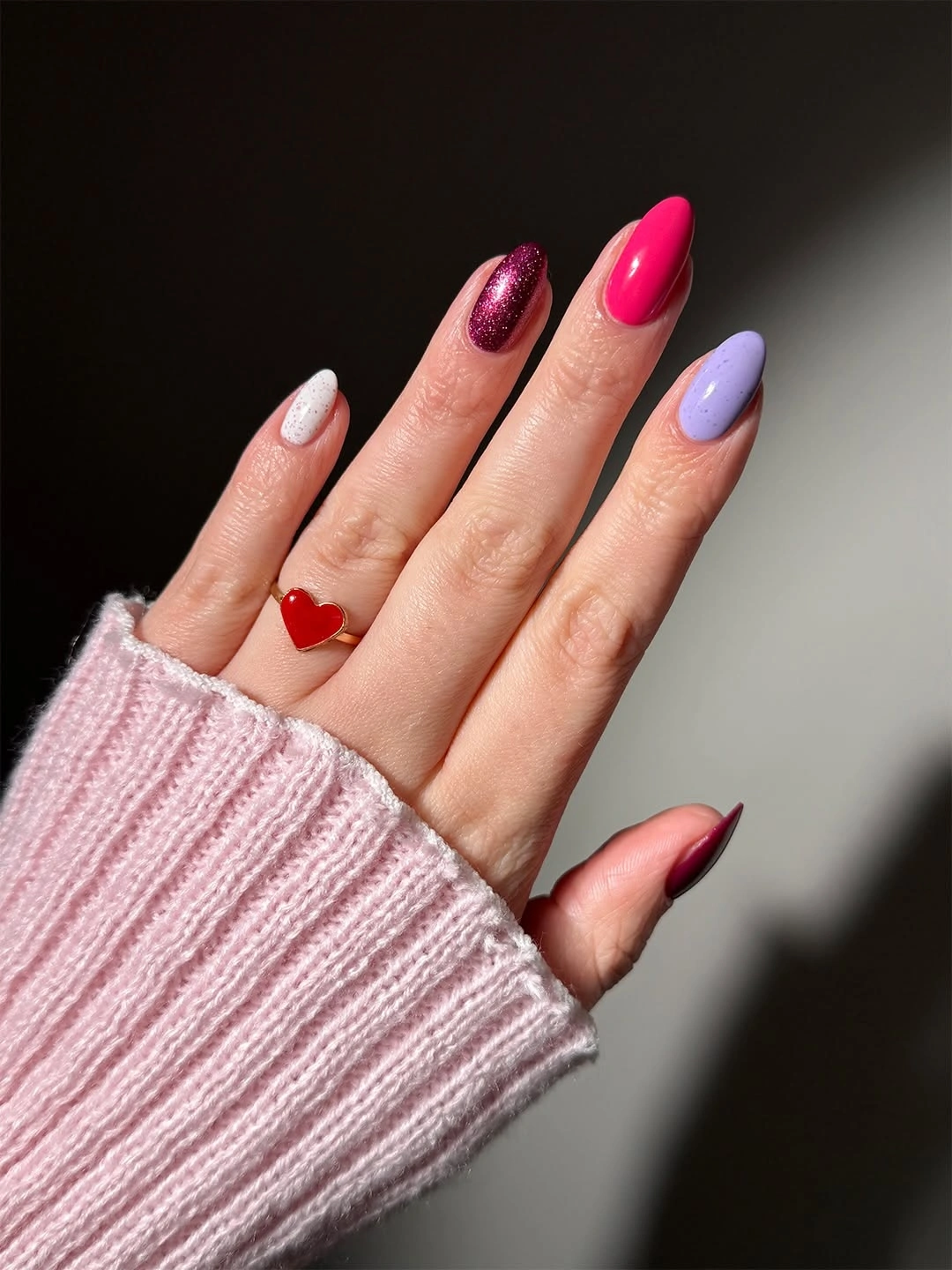 september nails color 2026 Hot Pink, Merlot, and Tiny Red Heart