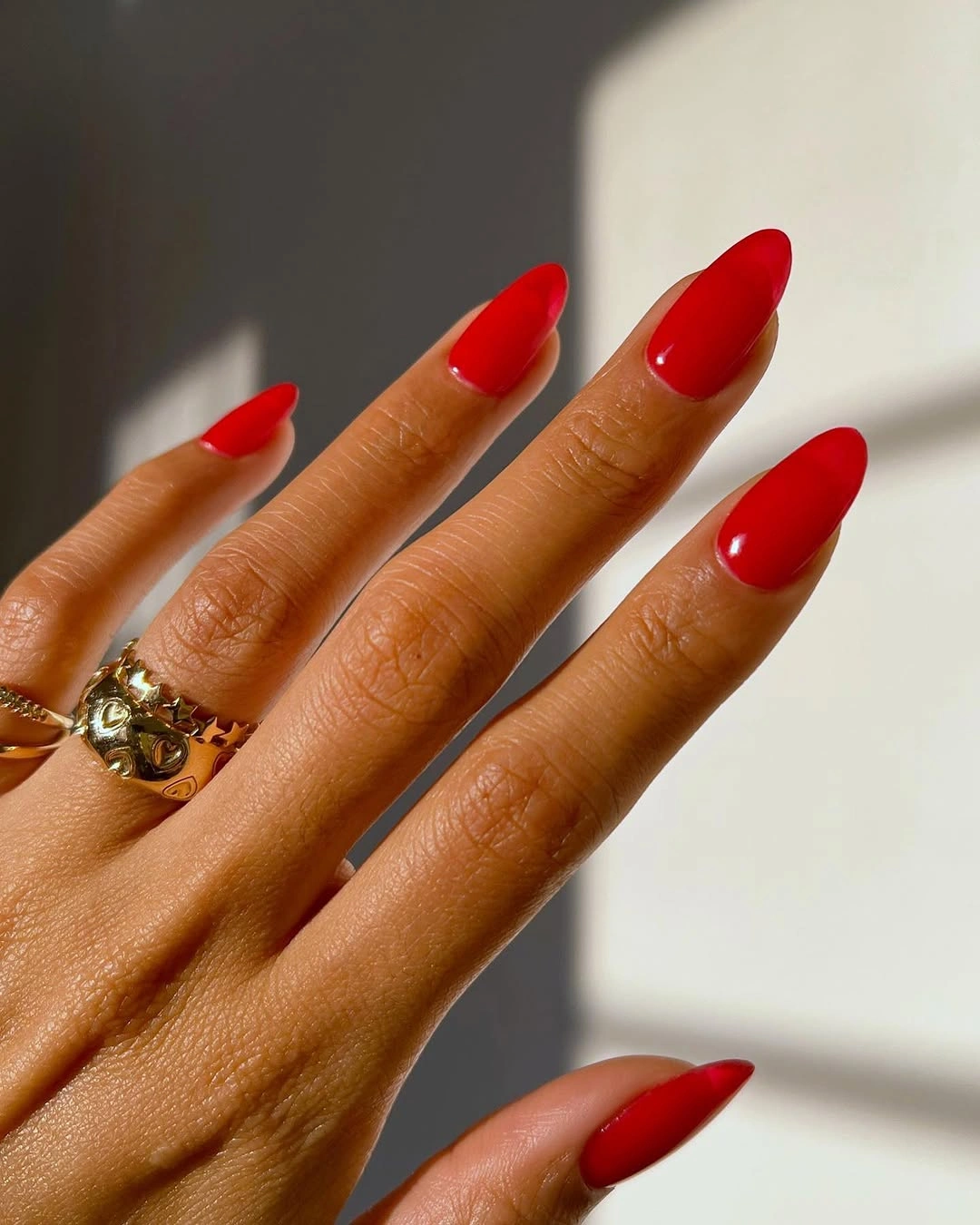 september nails color 2026 Clean Scarlet Almond Nails in Sunlight