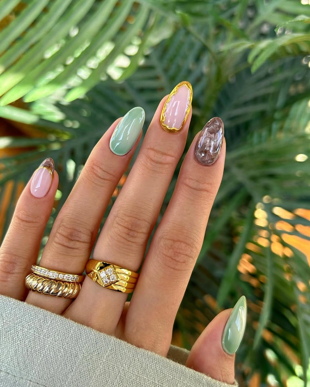 september nails color 2026 Pastel Sage, Pink, and Glitter Garden Mix