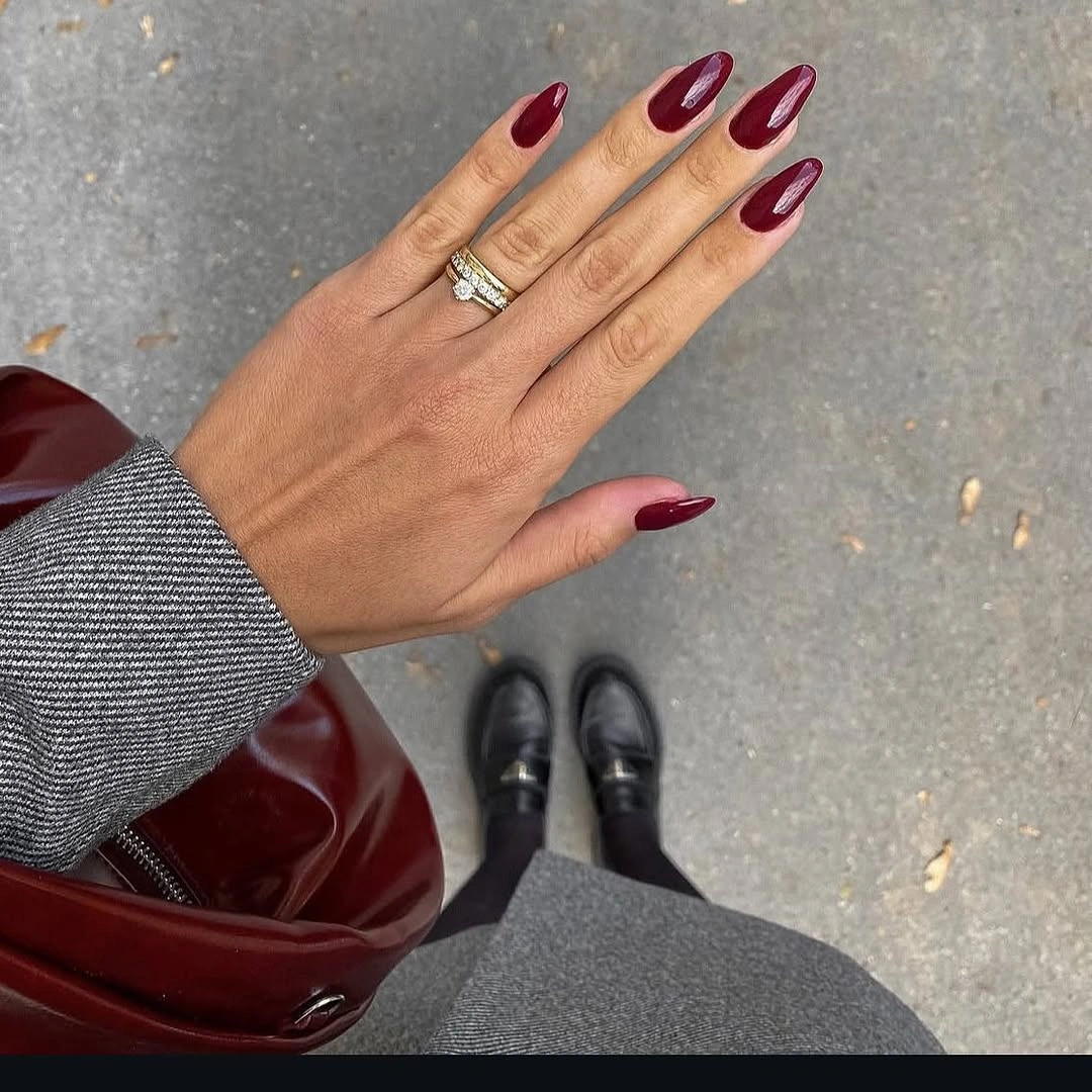 september nails color 2026 Glossy Merlot Nails with Streetwear Contrast
