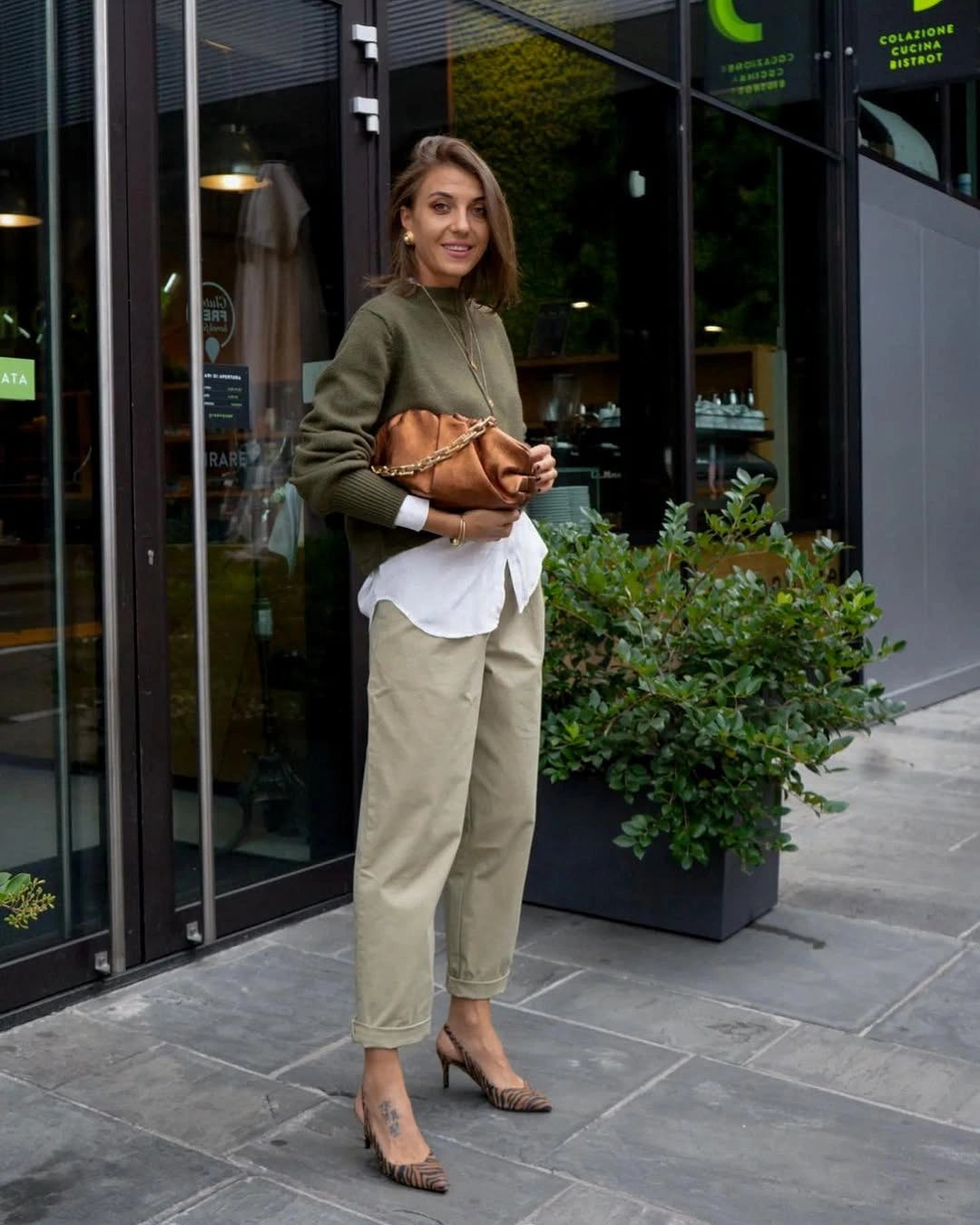 september outfits ideas 2026 Olive Jacket With Cropped Cream Trousers