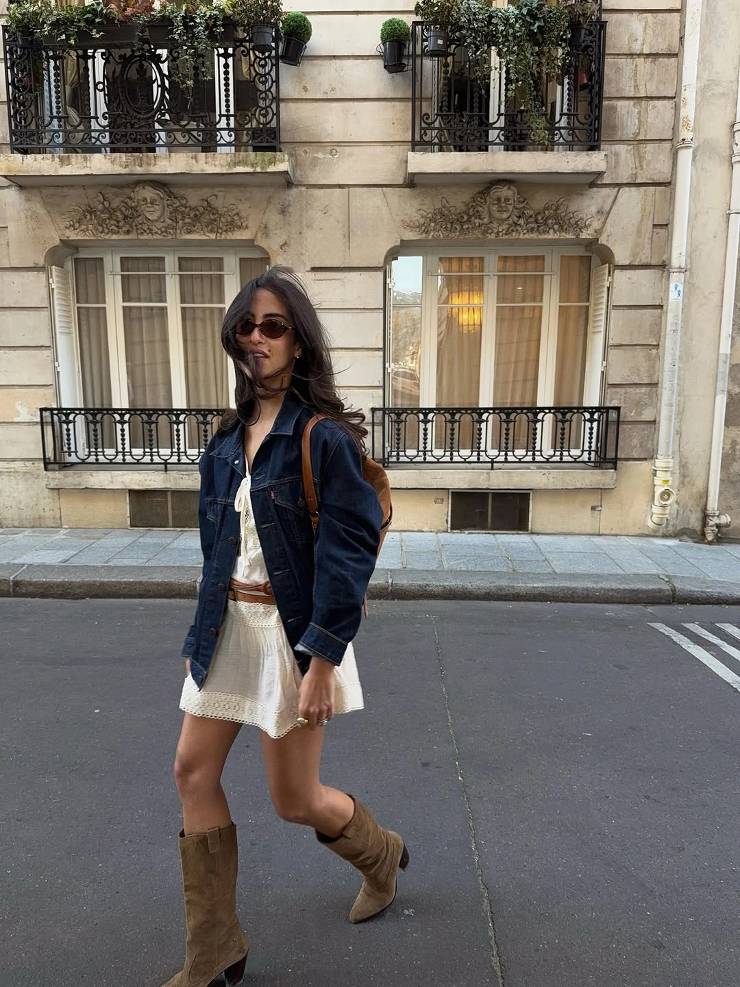 september outfits ideas 2026 Dark Denim Jacket With A Cream Mini Dress