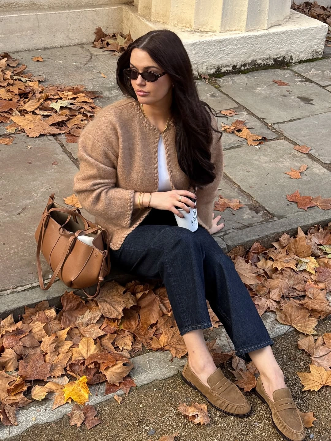 september outfits ideas 2026 Beige Cardigan With Loafers And Dark Denim