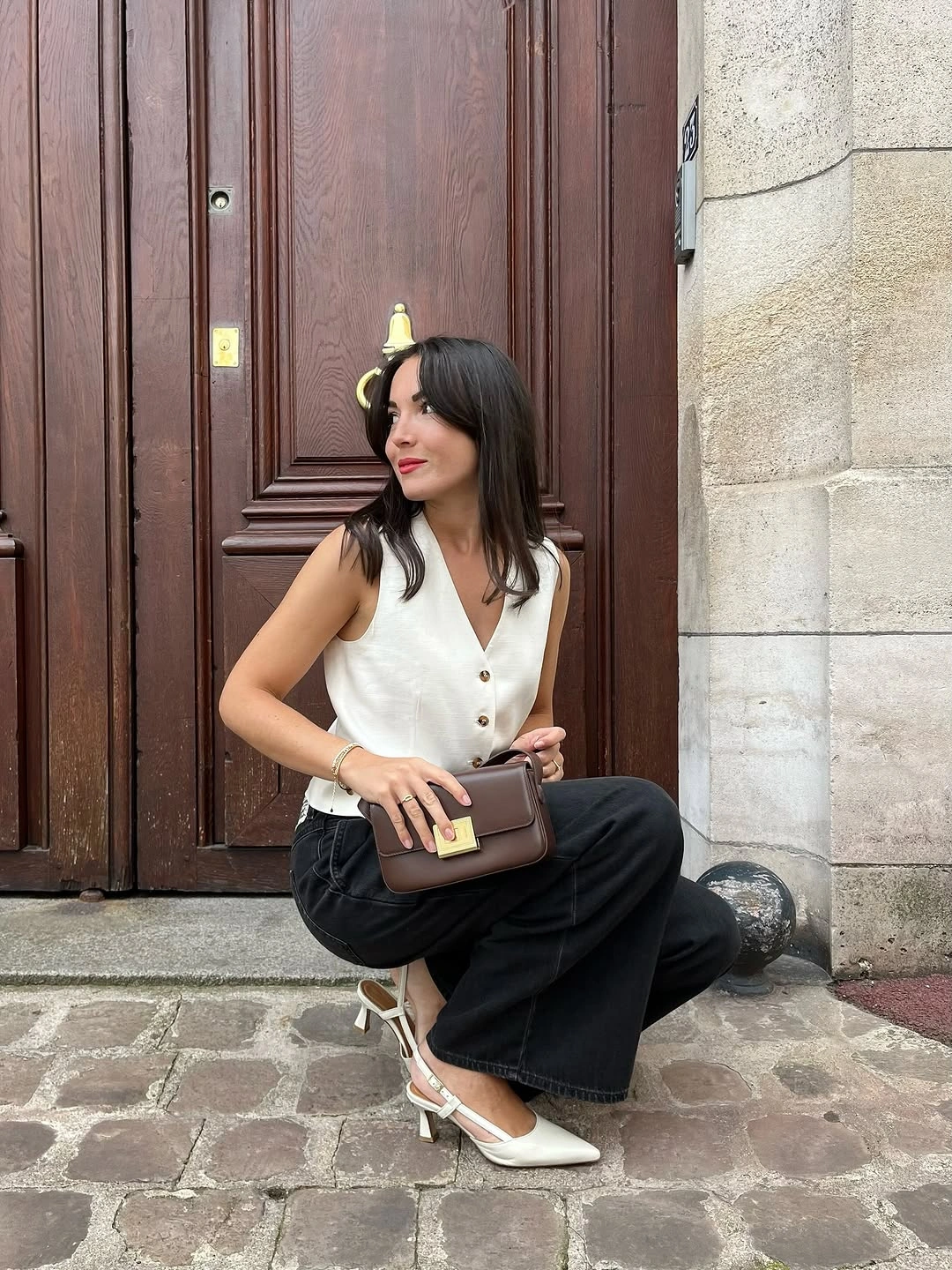 september outfits ideas 2026 Cream Button Vest With Black Barrel Pants
