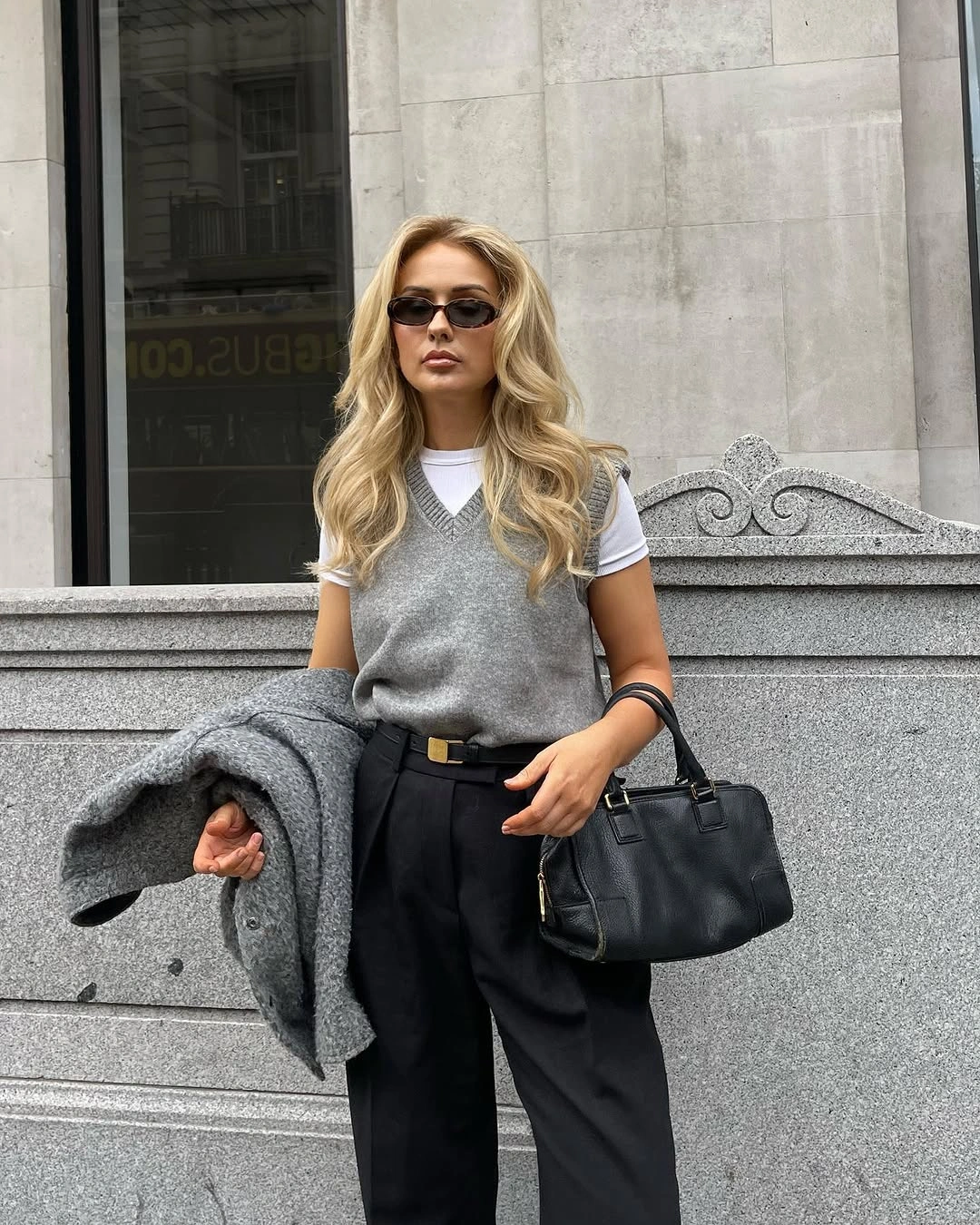 september outfits ideas 2026 Gray Knit Vest With Tailored Black Trousers