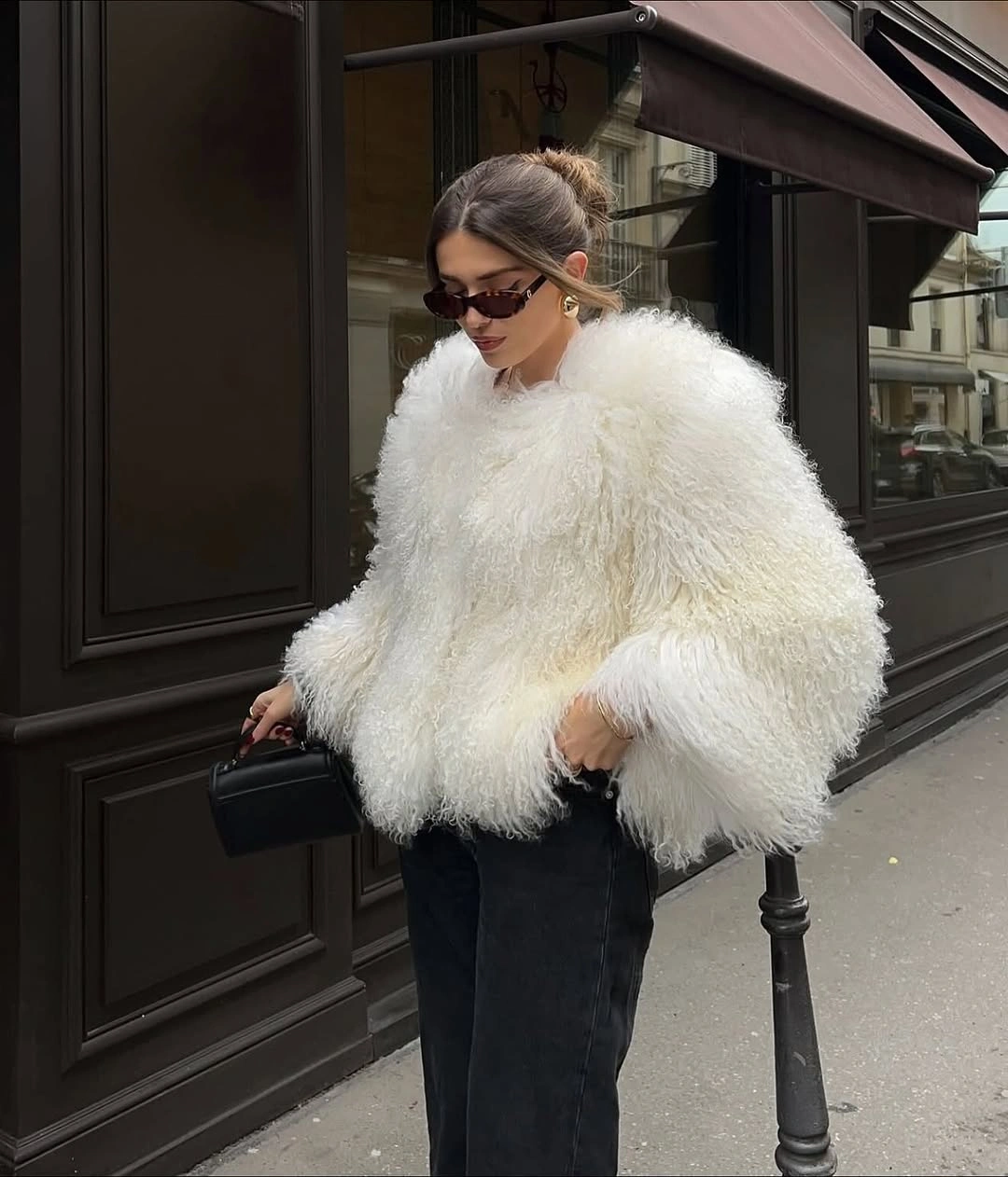 shaggy jacket Rounded White Shag Jacket With a Black Denim Base