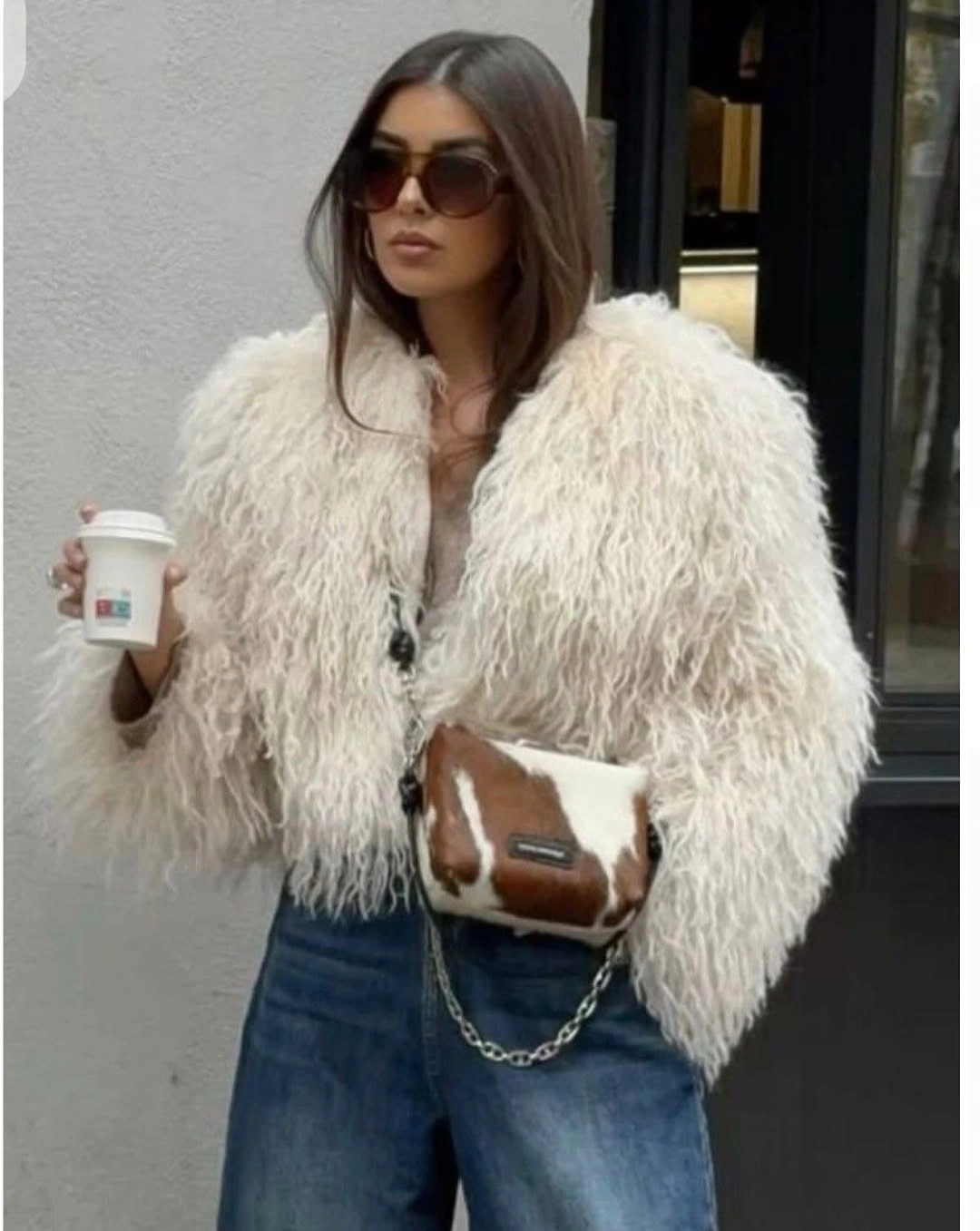 shaggy jacket Cropped Ivory Shag Jacket With Denim and Cow Print