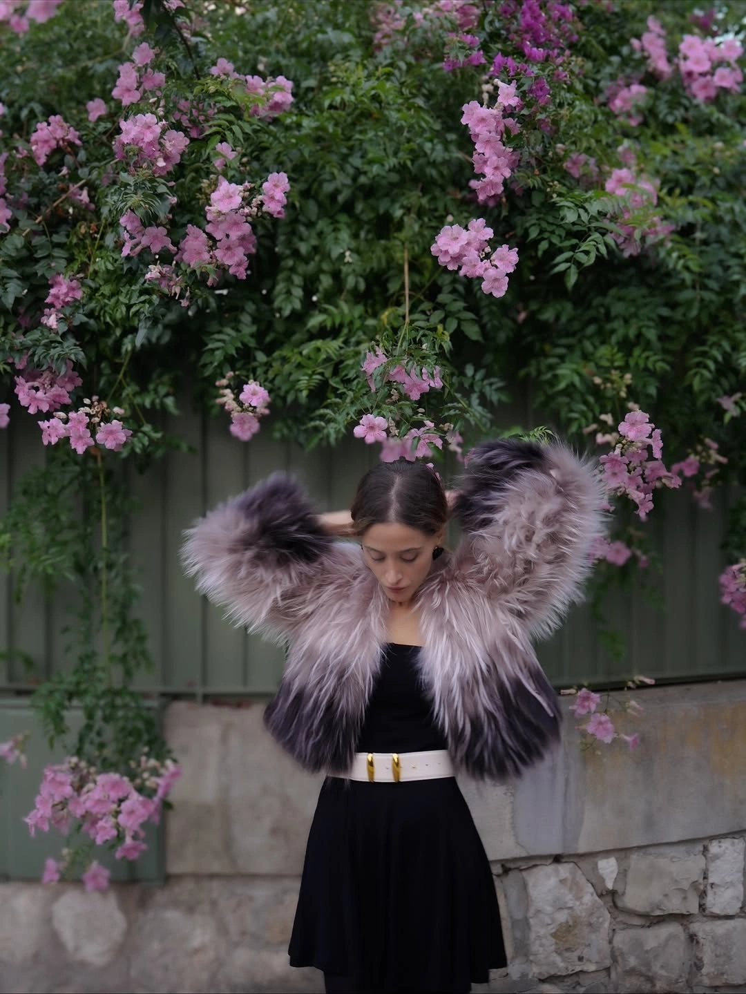 shaggy jacket Mauve Ombre Shag Jacket Over a Belted Black Dress
