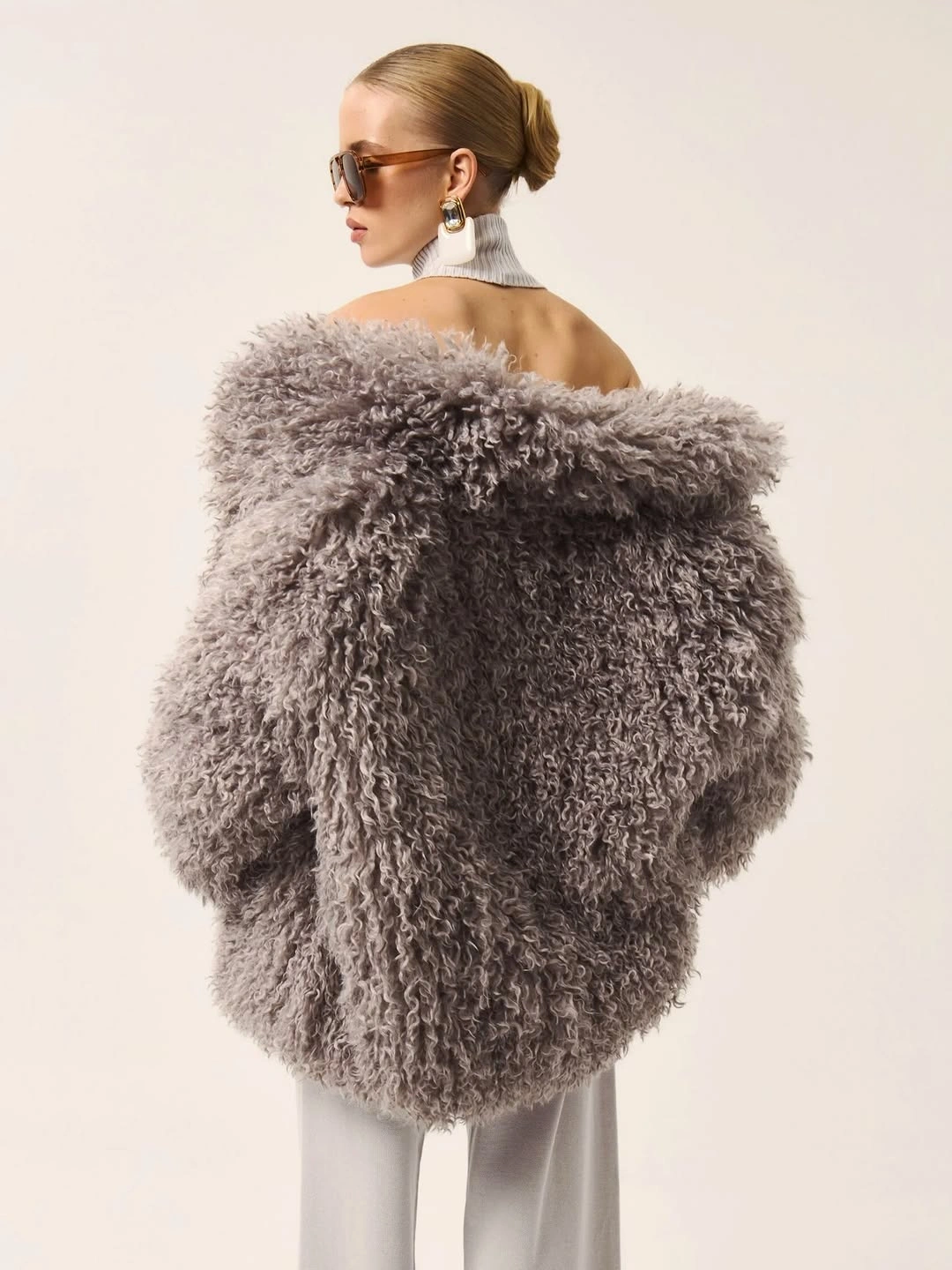 shaggy jacket Oversized Gray Curly Coat in a Monochrome Column