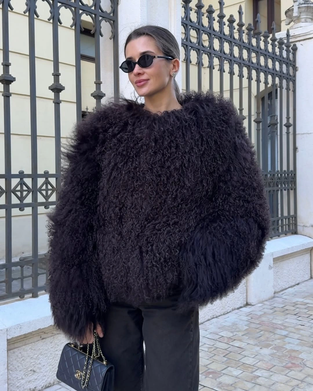 shaggy jacket All-Black Curly Shag Jacket With Polished Accessories