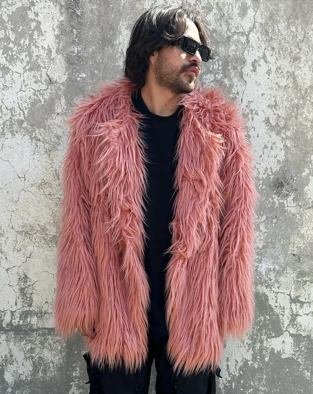 shaggy jacket Long Dusty Pink Shag Coat With a Black Menswear Base