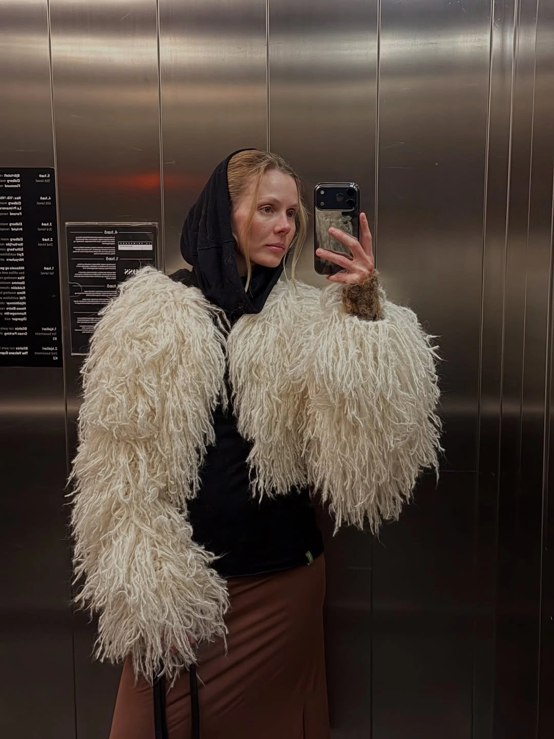 shaggy jacket Cream Shaggy Bolero With a Hood Scarf and Brown Skirt