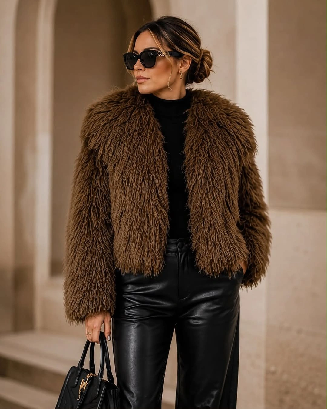 shaggy jacket Cropped Brown Shag Jacket With Black Leather Trousers