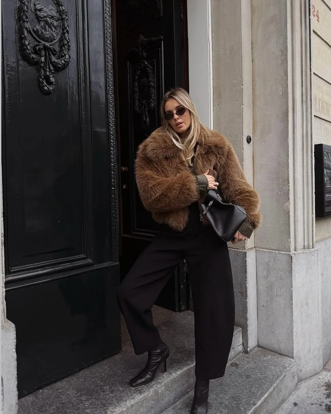 shaggy jacket Cropped Brown Plush Jacket With Wide-Leg Black Trousers