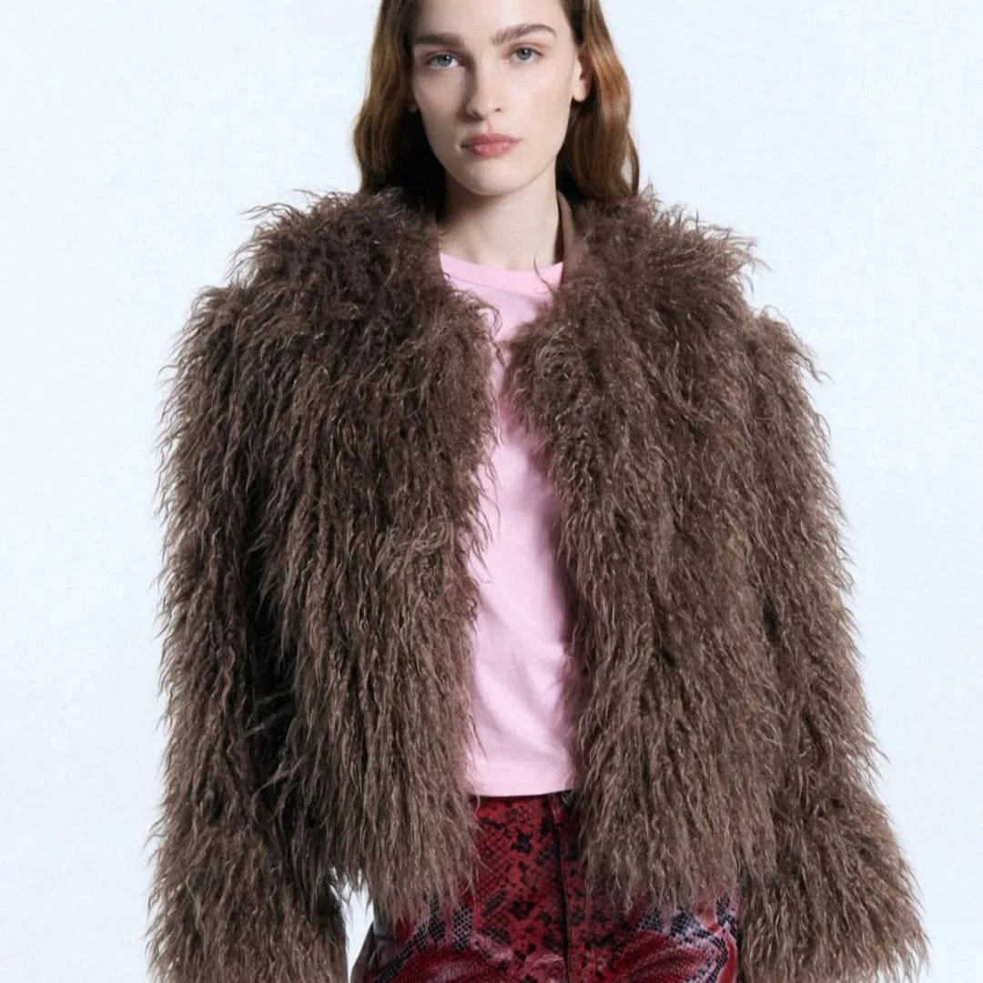 shaggy jacket Chocolate Mohair Texture With Pink and Red Prints
