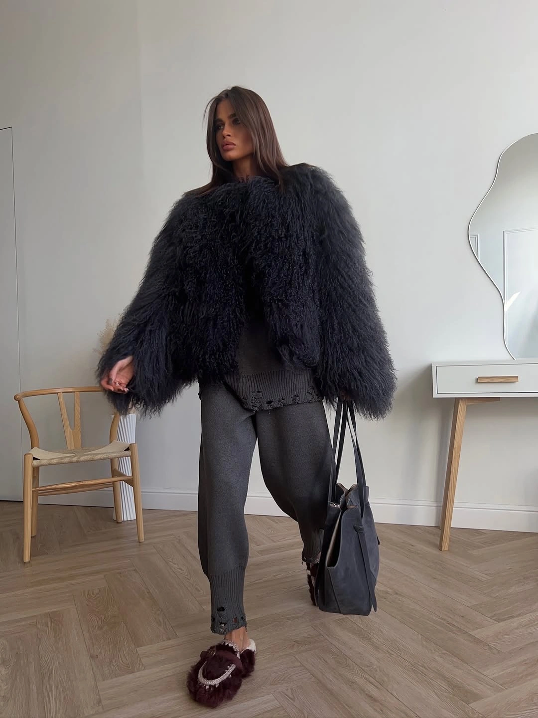 shaggy jacket Charcoal Shaggy Volume With Distressed Knit Layers