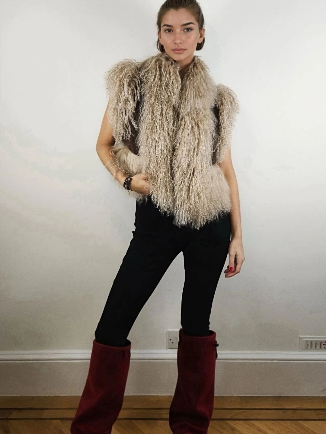 shaggy jacket Cream Shaggy Vest With Black Pants and Burgundy Boots
