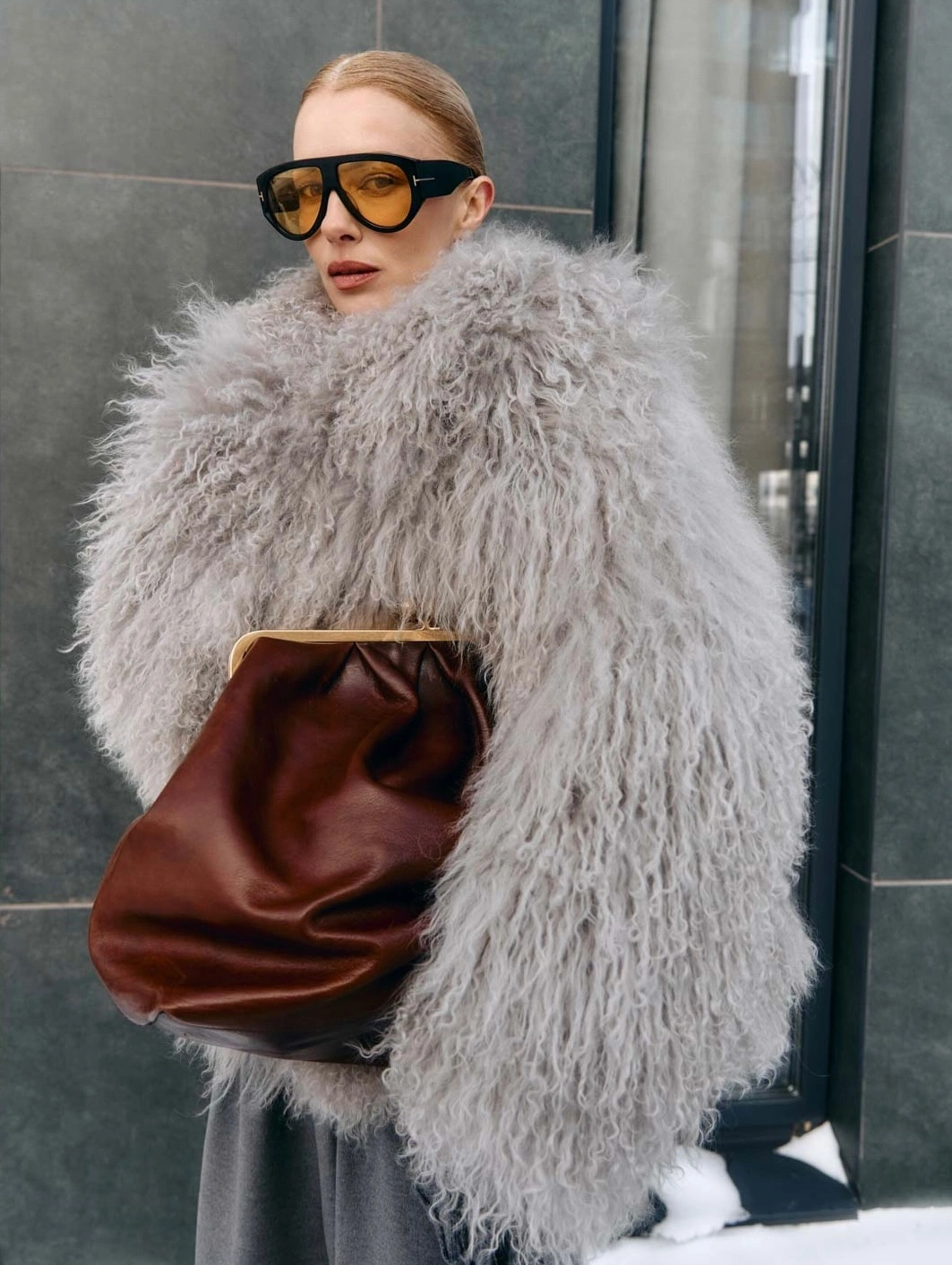 shaggy jacket Pale Gray Statement Coat With a Burgundy Clutch