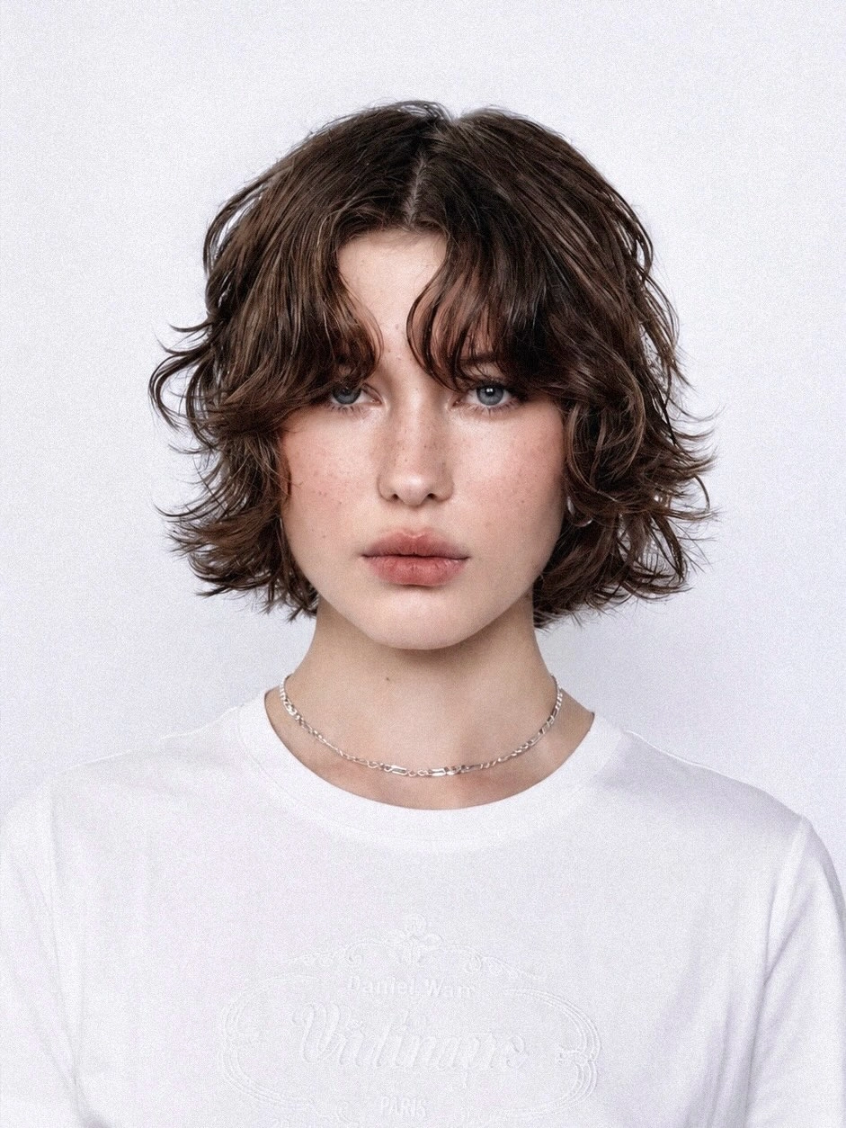 short bobbed hairstyle Tousled Brunette Shag Bob With Curtain Bangs