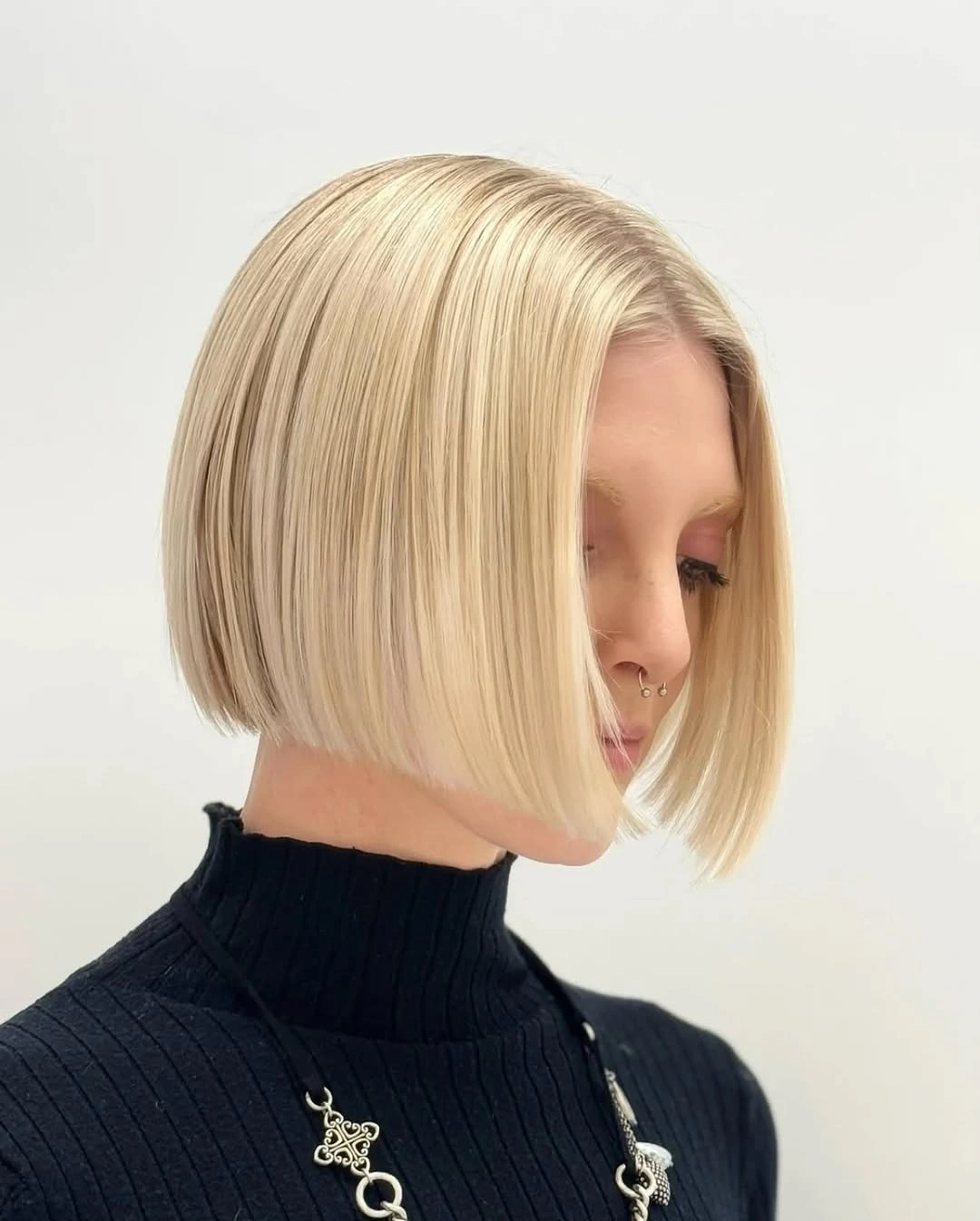 short bobbed hairstyle Platinum A-Line Bob With Translucent Ends