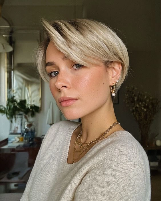 short bobbed hairstyle Pearl Blonde Pixie Bob With a Long Sweep