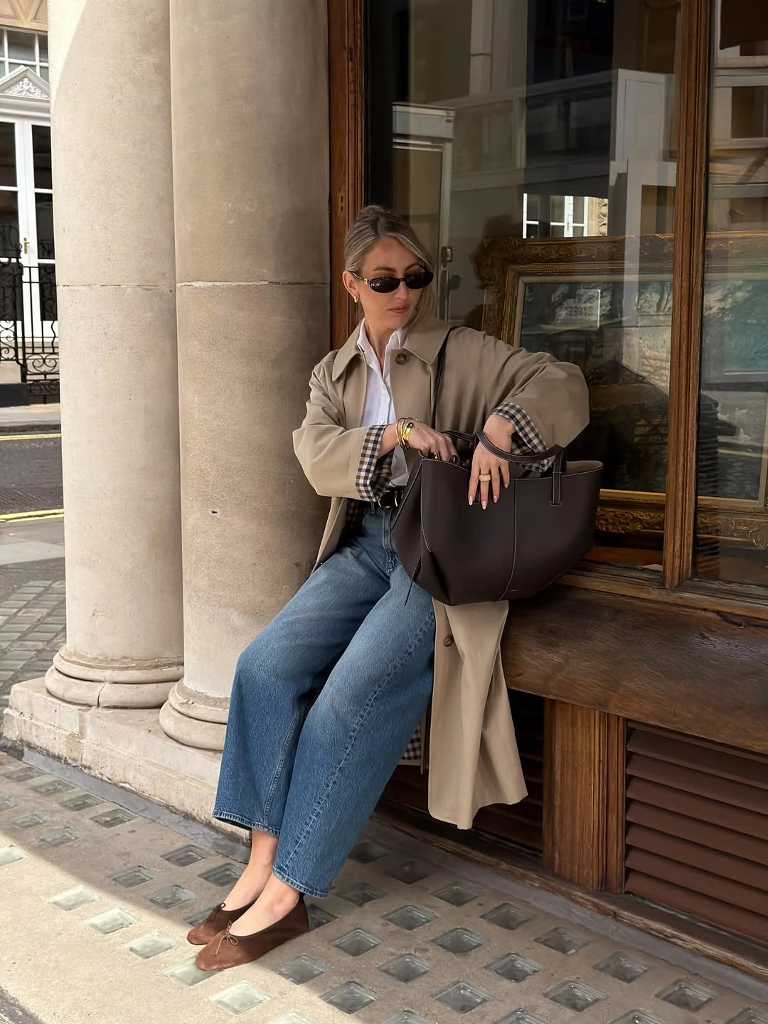 Trench coat fall outfits 2026 + Classic Beige Trench With Wide Denim And Soft Brown Flats