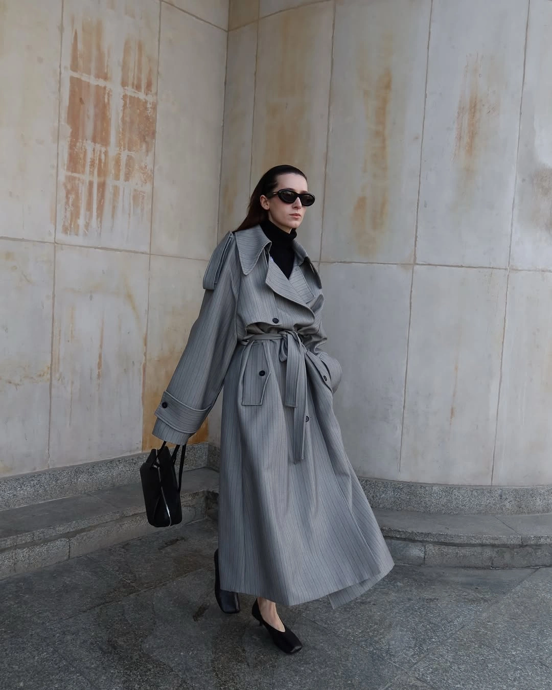 Trench coat fall outfits 2026 + Gray Pinstripe Trench With Black Layers